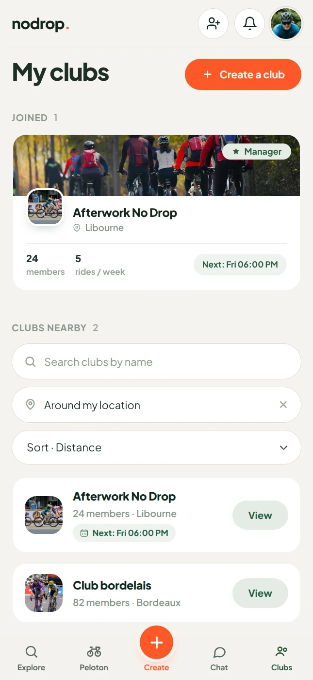 The clubs screen in the Nodrop app, listing clubs nearby