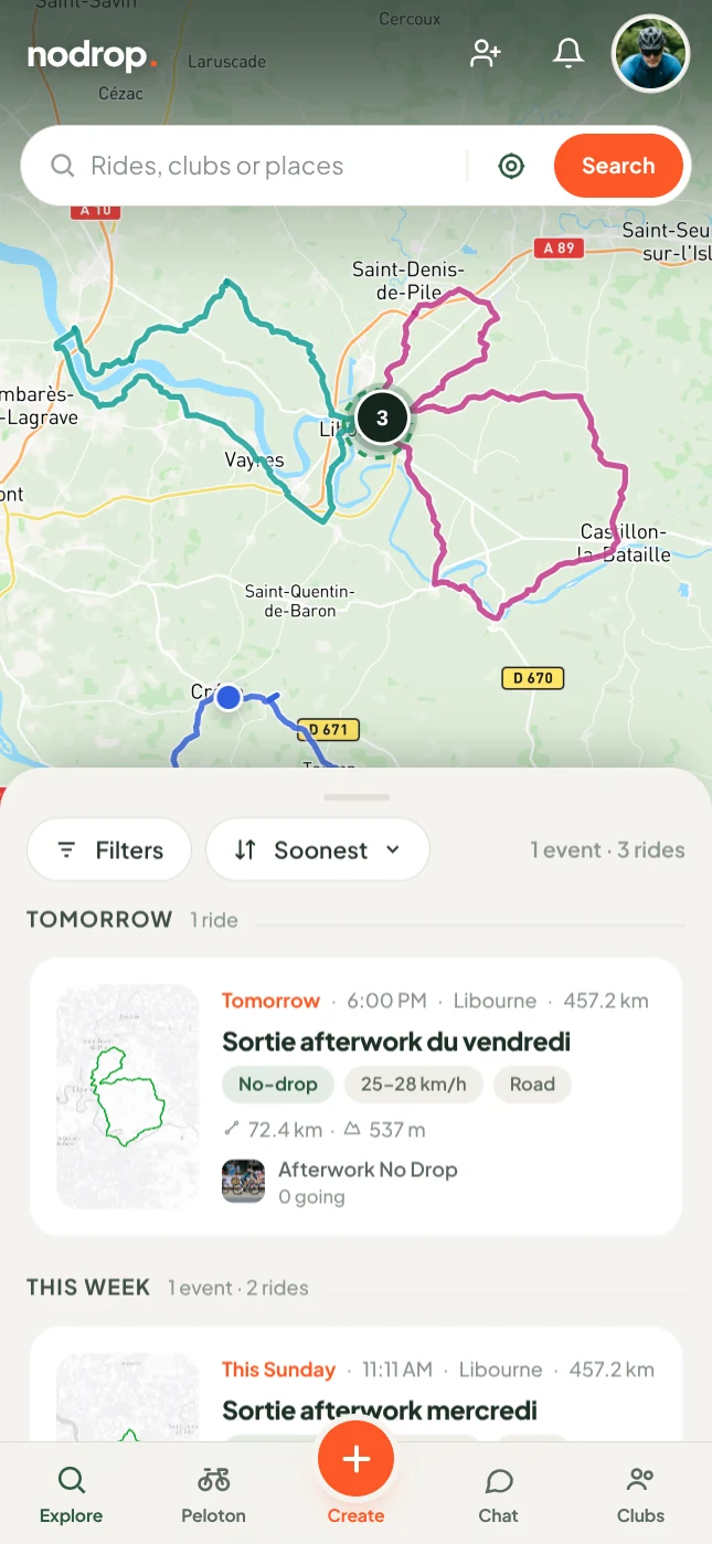 The Nodrop app showing cycling rides on a map near Bordeaux